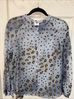 Cabi Sheer Light Blue Button-Up Blouse with Navy and Olive Print